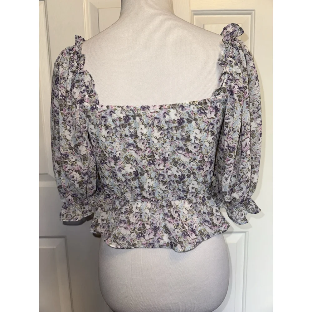 ASTR The Label Blue Ditsy Floral Corset Peplum Blouse Cottagecore Romantic Top S